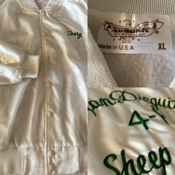 Vintage Auburn Sportswear XL White Satin Snap Jacket 4-H Sheep Swine San Deguito - Picture 1 of 10